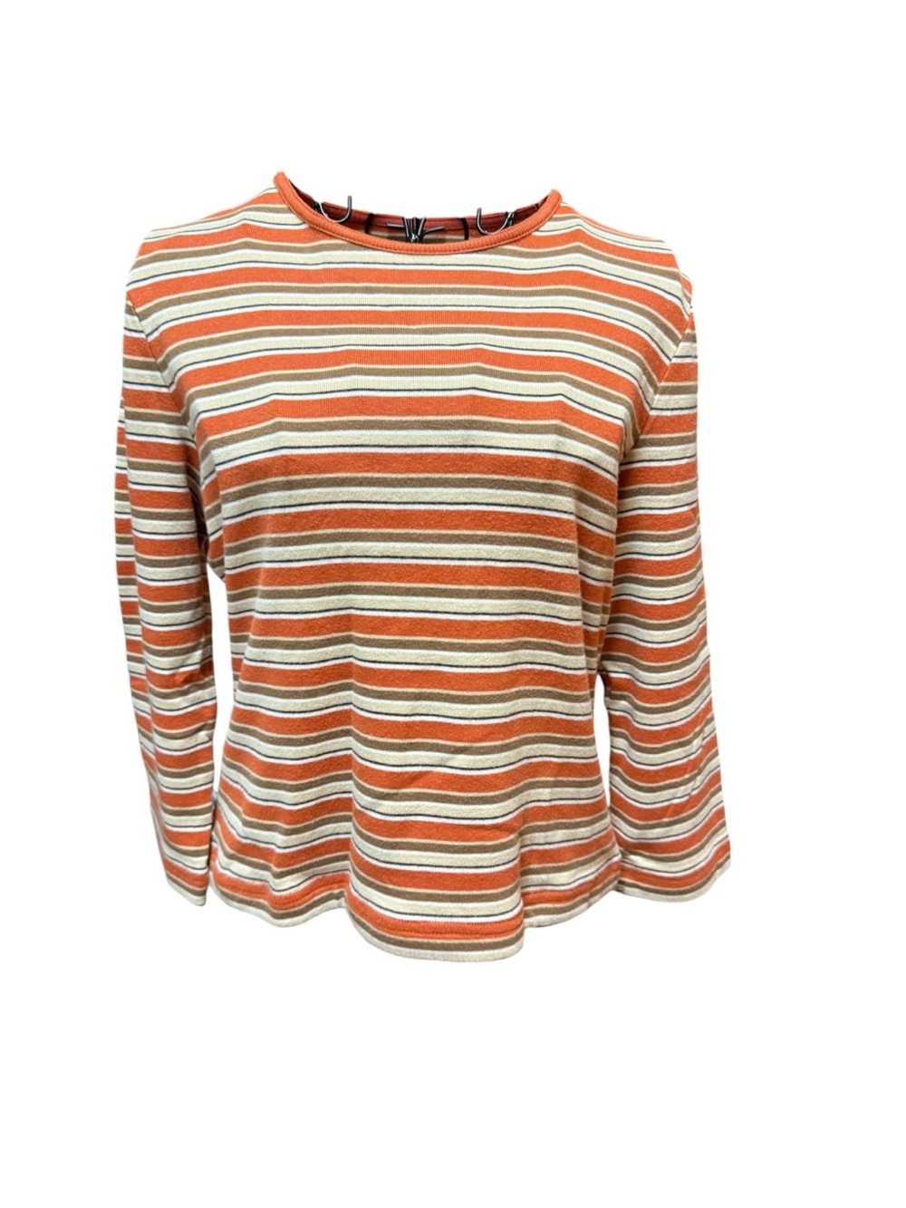 Hannah Orange and Cream Cotton Striped Long-Sleeve Crewneck Small